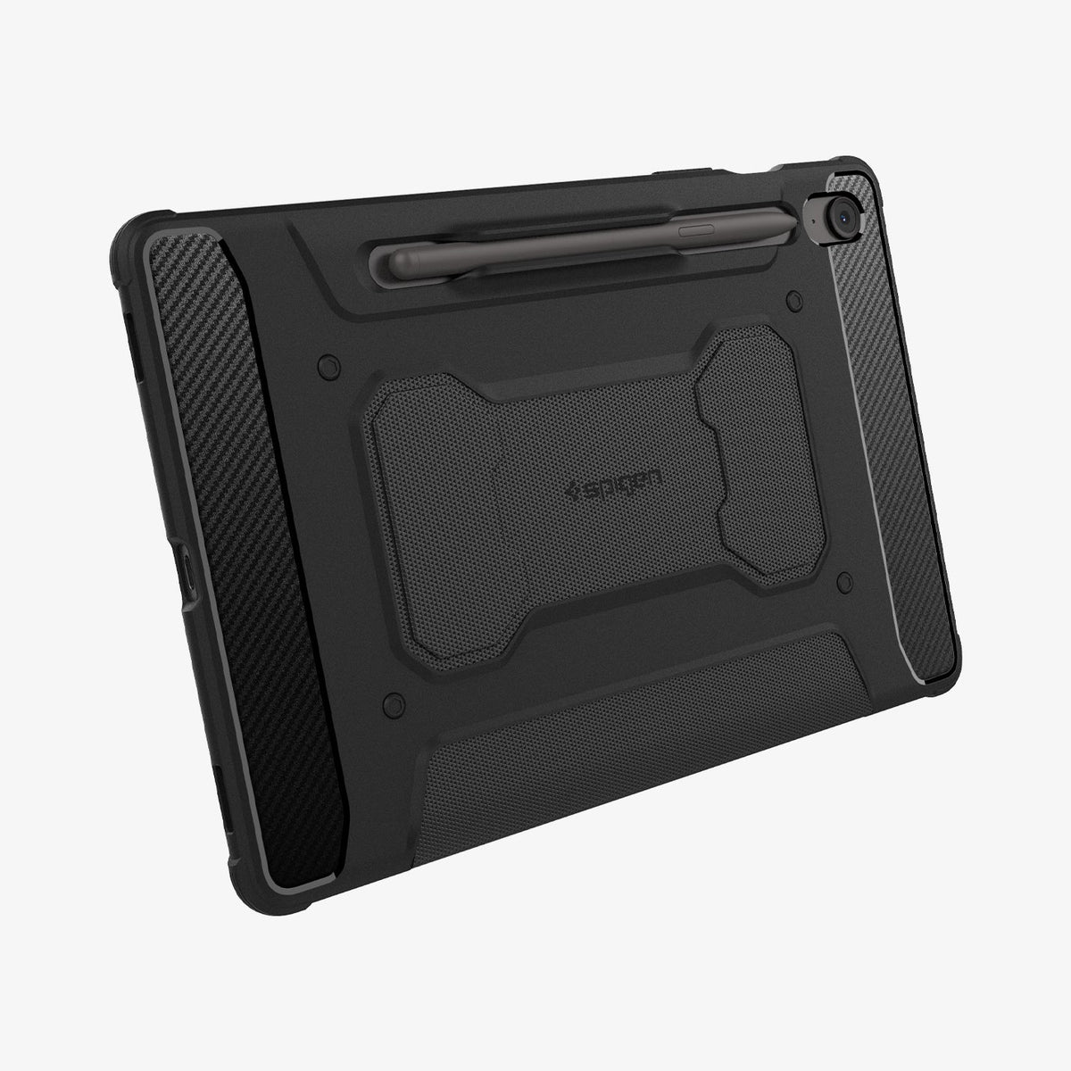 ACS09381 - Galaxy Tab S10 FE+ Case Rugged Armor Pro in Matte Black showing the back, partial bottom with S Pen attached at the back