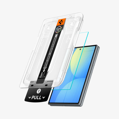AGL11759 - Galaxy Z Fold 8 GLAS.tR EZ Fit Pro showing an exploded view of the installation tray above the Galaxy Z Fold 8's screen, with the tempered glass aligned above the display.