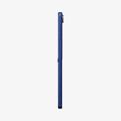 AGL09582 - Galaxy Z Flip 8 Series - GLAS.tR EZ Fit showing the side profile of the Galaxy Z Flip 8 in Blue with the tempered glass camera protector installed.