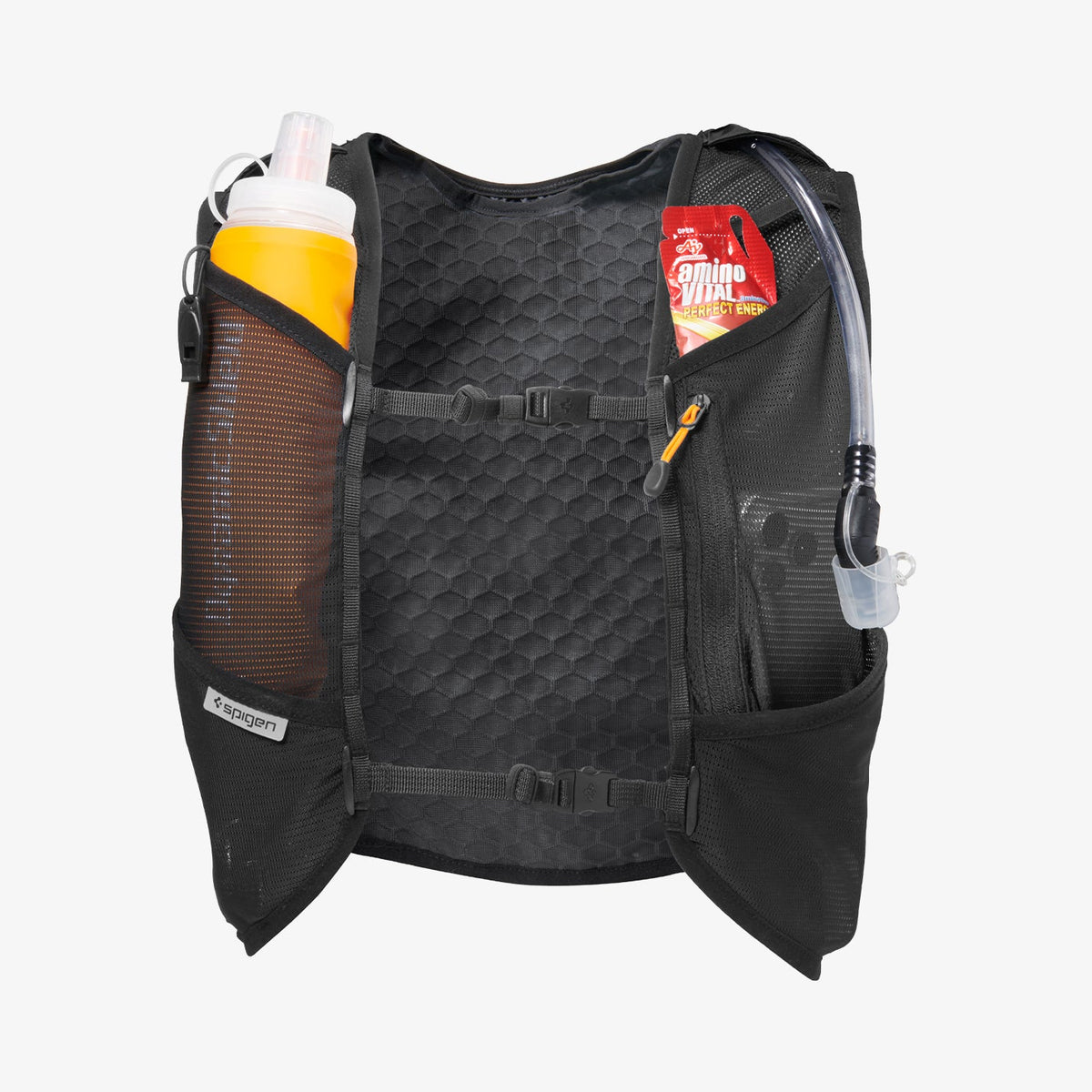 AMP10224 - Dynamic Shield™ Running Vest | A721 M-L in Black showing the front mesh pockets with a soft flask, hydration tube, and energy gel.