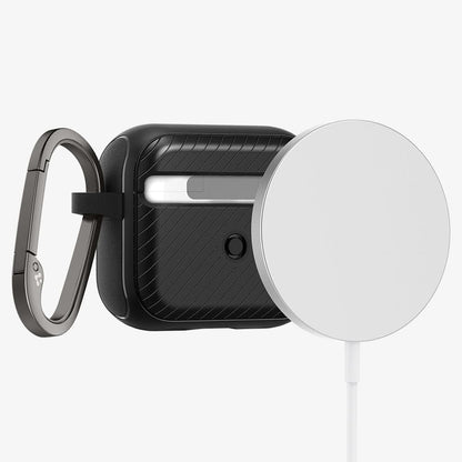 ACS03644 - Airpods 3 Mag Armor in black showing back with magsafe charger hovering away from AirPods
