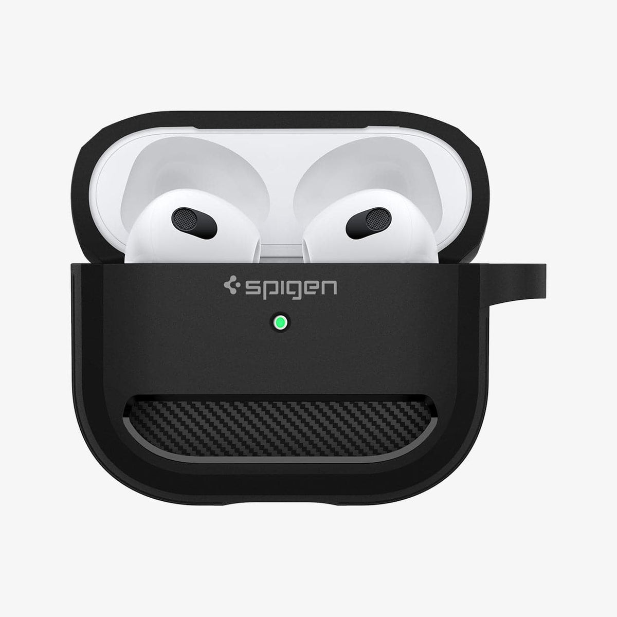 ASD01978 - Apple AirPods 3 Case Rugged Armor in black showing the front with top open and AirPods inside