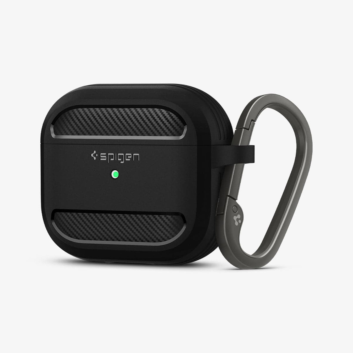ASD01978 - Apple AirPods 3 Case Rugged Armor in black showing the front and side with carabiner