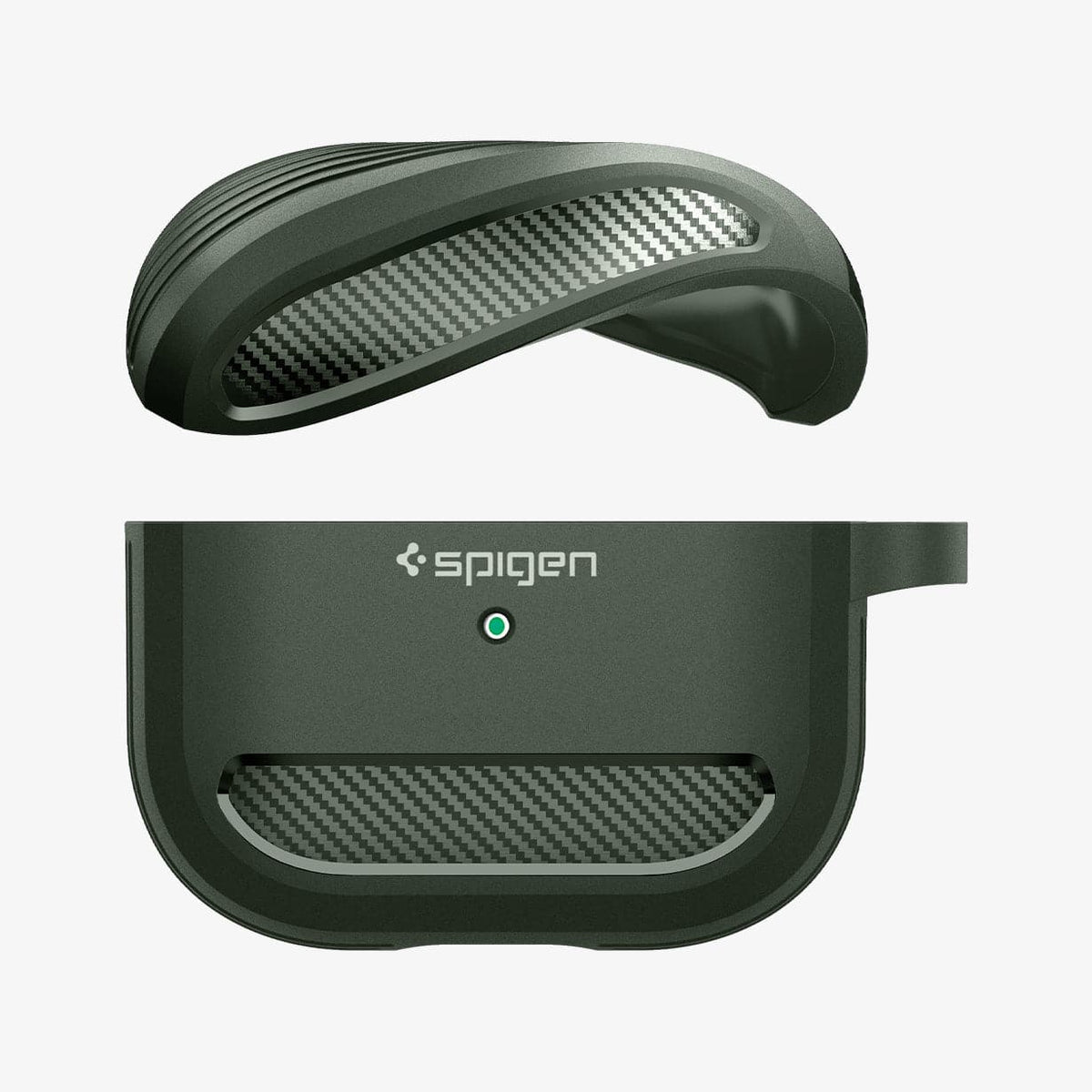 ASD01979 - Apple AirPods 3 Case Rugged Armor in military green showing the top bending and hovering above the bottom of case