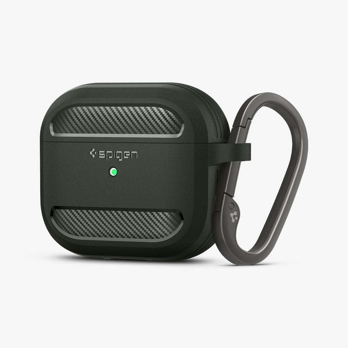 ASD01979 - Apple AirPods 3 Case Rugged Armor in military green showing the front and side with carabiner