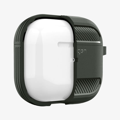 ASD01979 - Apple AirPods 3 Case Rugged Armor in military green showing the front with case cut half open