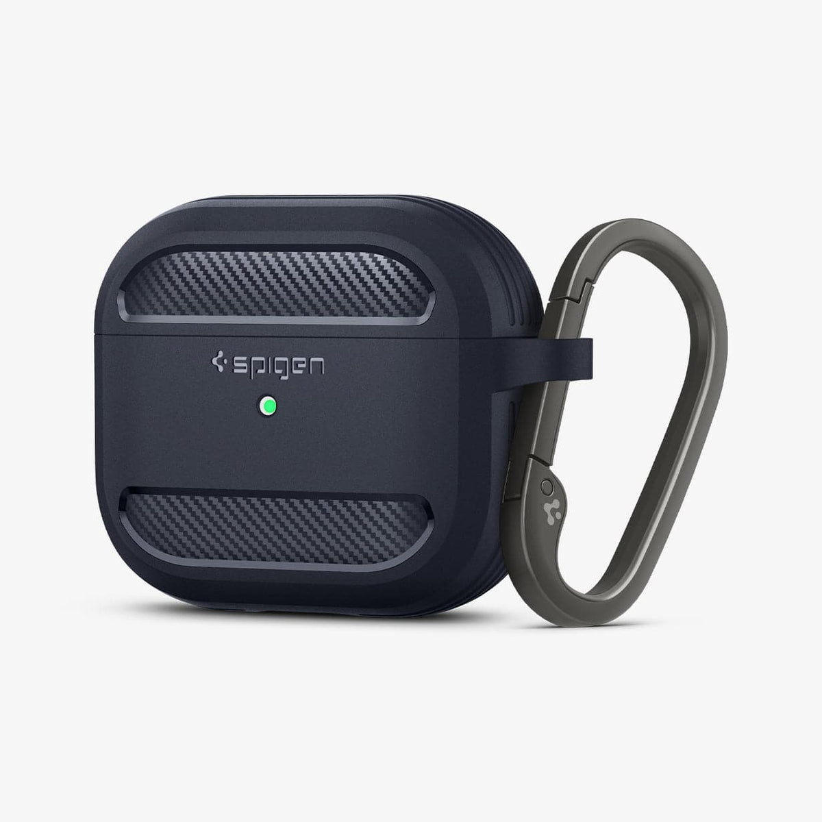 ASD01980 - Apple AirPods 3 Case Rugged Armor in charcoal gray showing the front and side with carabiner