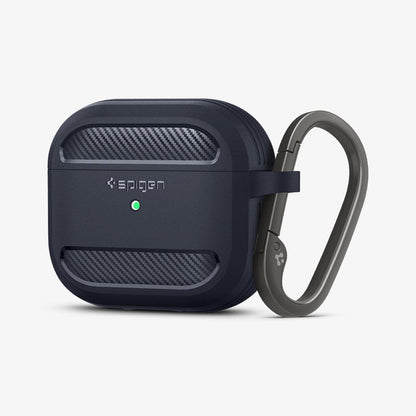 ASD01980 - Apple AirPods 3 Case Rugged Armor in charcoal gray showing the front and side with carabiner