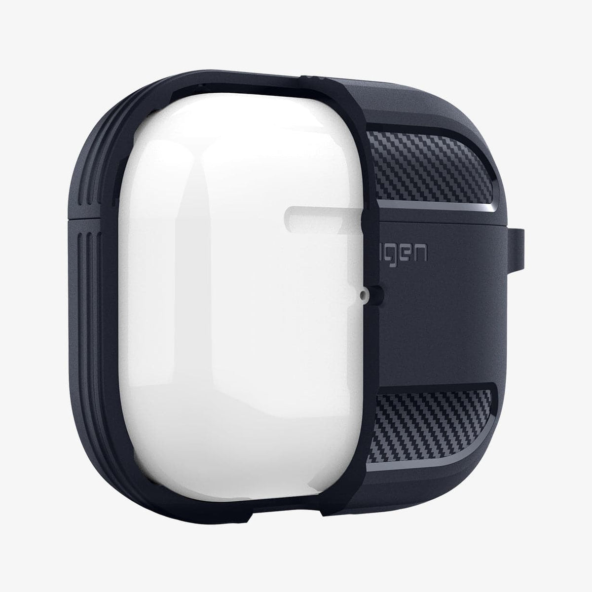 ASD01980 - Apple AirPods 3 Case Rugged Armor in charcoal gray showing the front with case cut half open