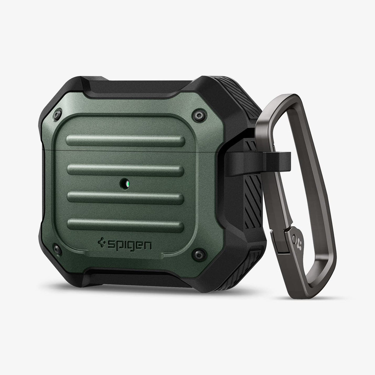 ASD01988 - Apple AirPods 3 Case Tough Armor in military green showing the front and carabiner