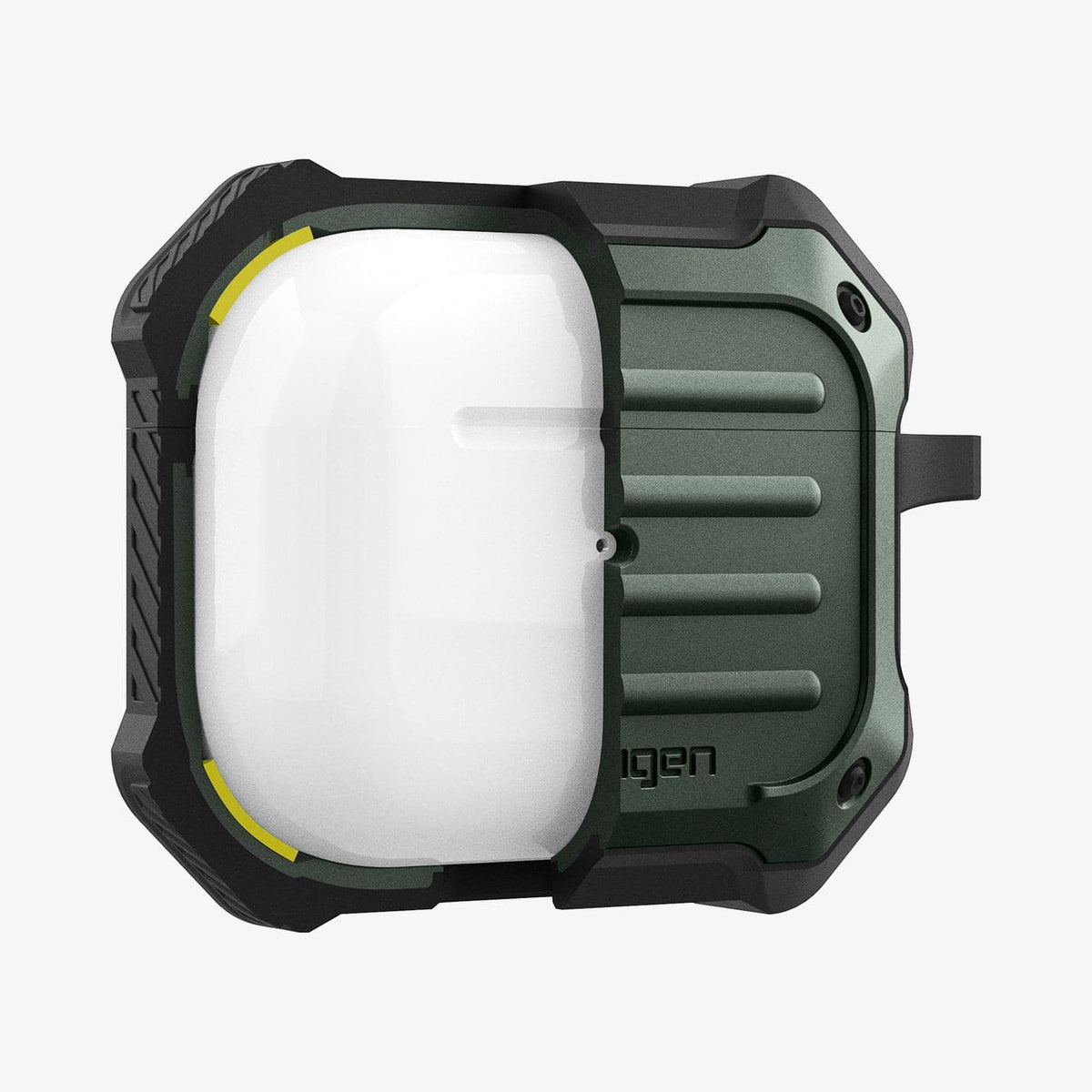 ASD01988 - Apple AirPods 3 Case Tough Armor in military green showing the front with case cut half open