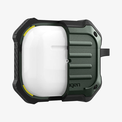 ASD01988 - Apple AirPods 3 Case Tough Armor in military green showing the front with case cut half open