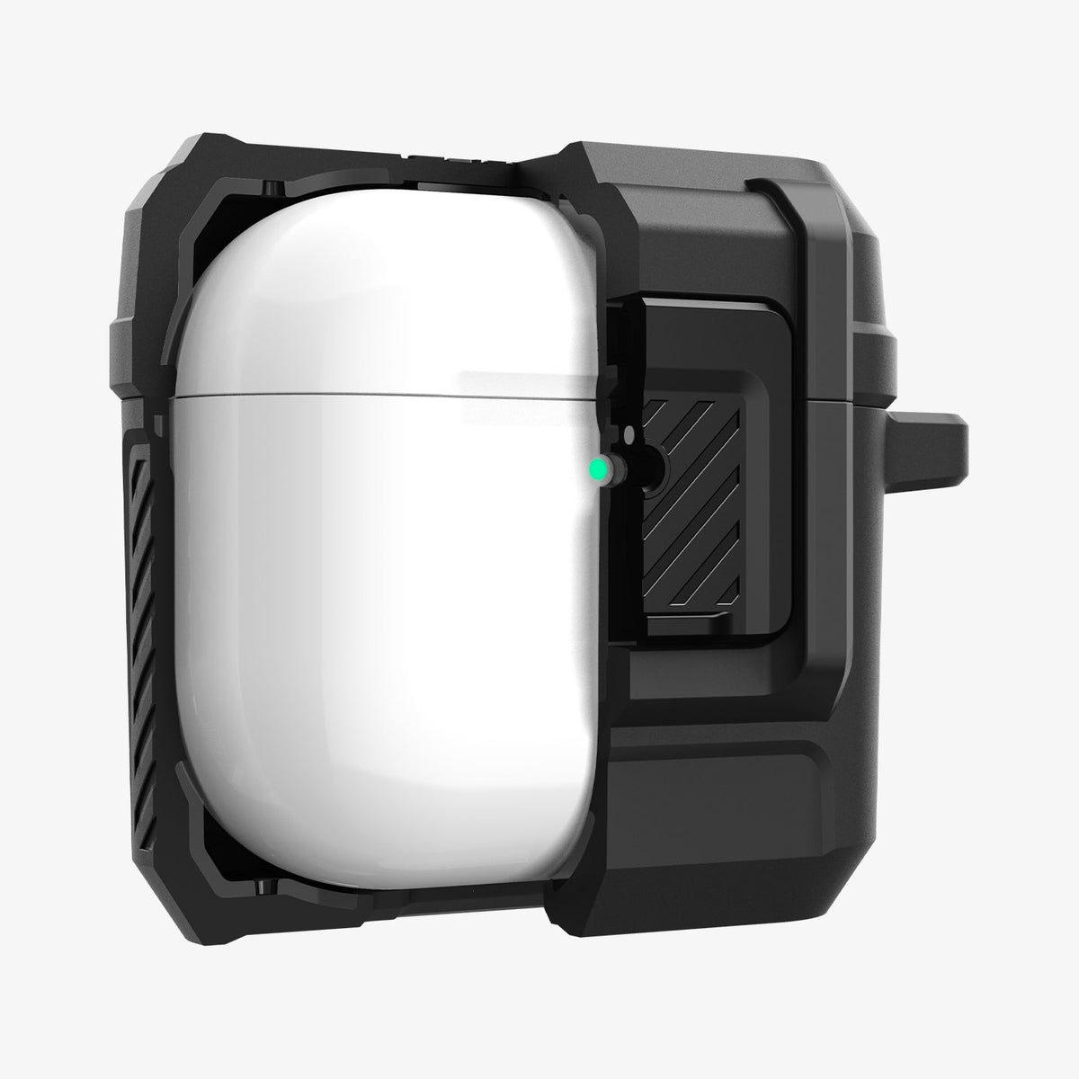 ACS09020 - AirPods 4 Case Lock Fit in Matte Black showing the front with case half cut open