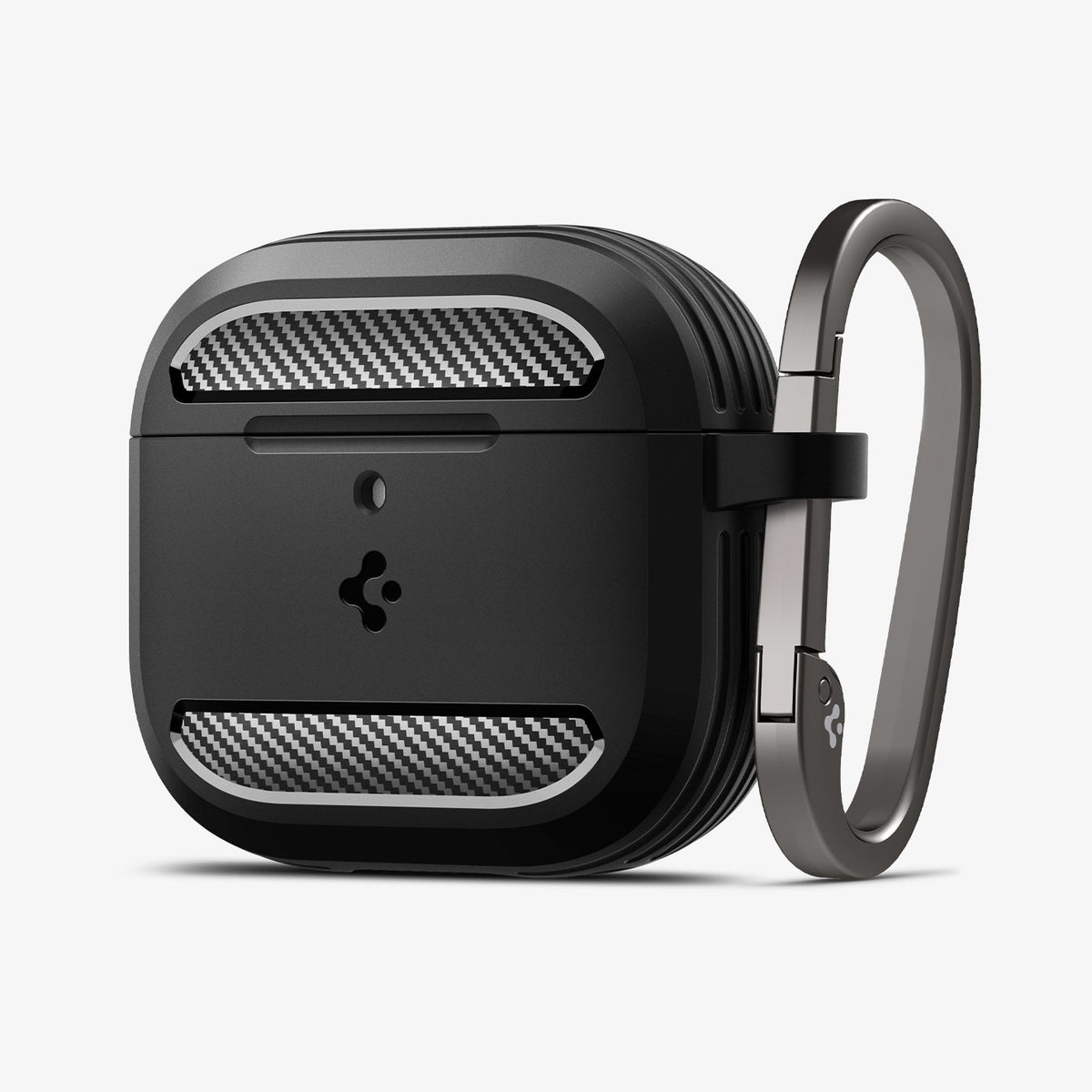 ACS08642 - AirPods 4 Pro Case Rugged Armor in Matte Black showing the front, partial side with carabiner