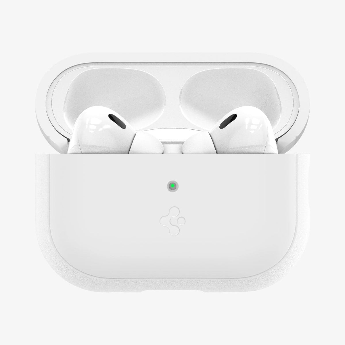 ACS05811 - Apple AirPods Pro 2 Case Silicone Fit + strap in white showing the front with top open and AirPods inside