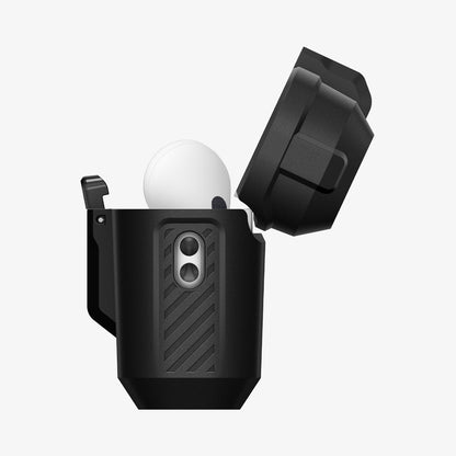 ACS09825 - AirPods Pro 3 Lock Fit in Matte Black showing the side with top open and AirPods inside