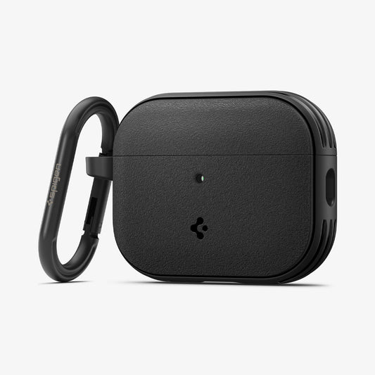 ACS09826 - AirPods Pro 3 Spigen Vault in Matte Black showing the front and side with carabiner