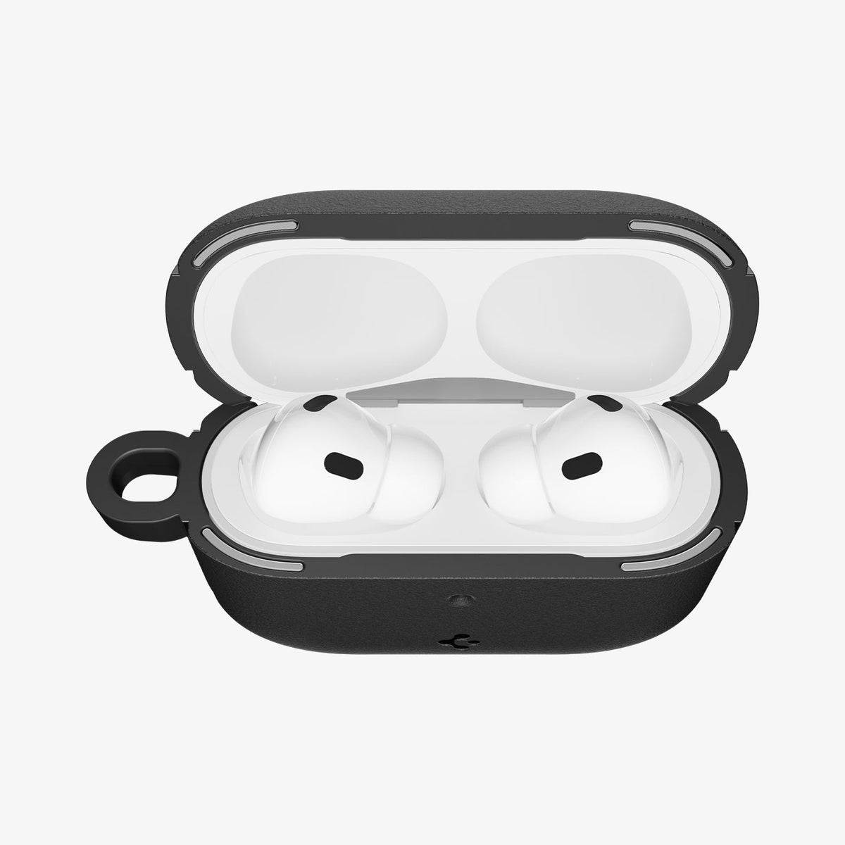 ACS09826 - AirPods Pro 3 Spigen Vault in Matte Black showing the front with top open and AirPods inside