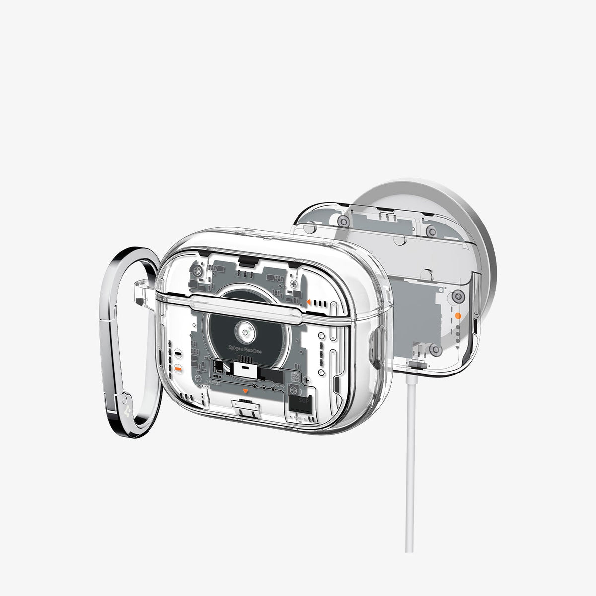 ACS09824 - AirPods Pro 3 Series Ultra Hybrid Neo One (MagFit) showing front, inside with magnets, and magsafe charging stand
