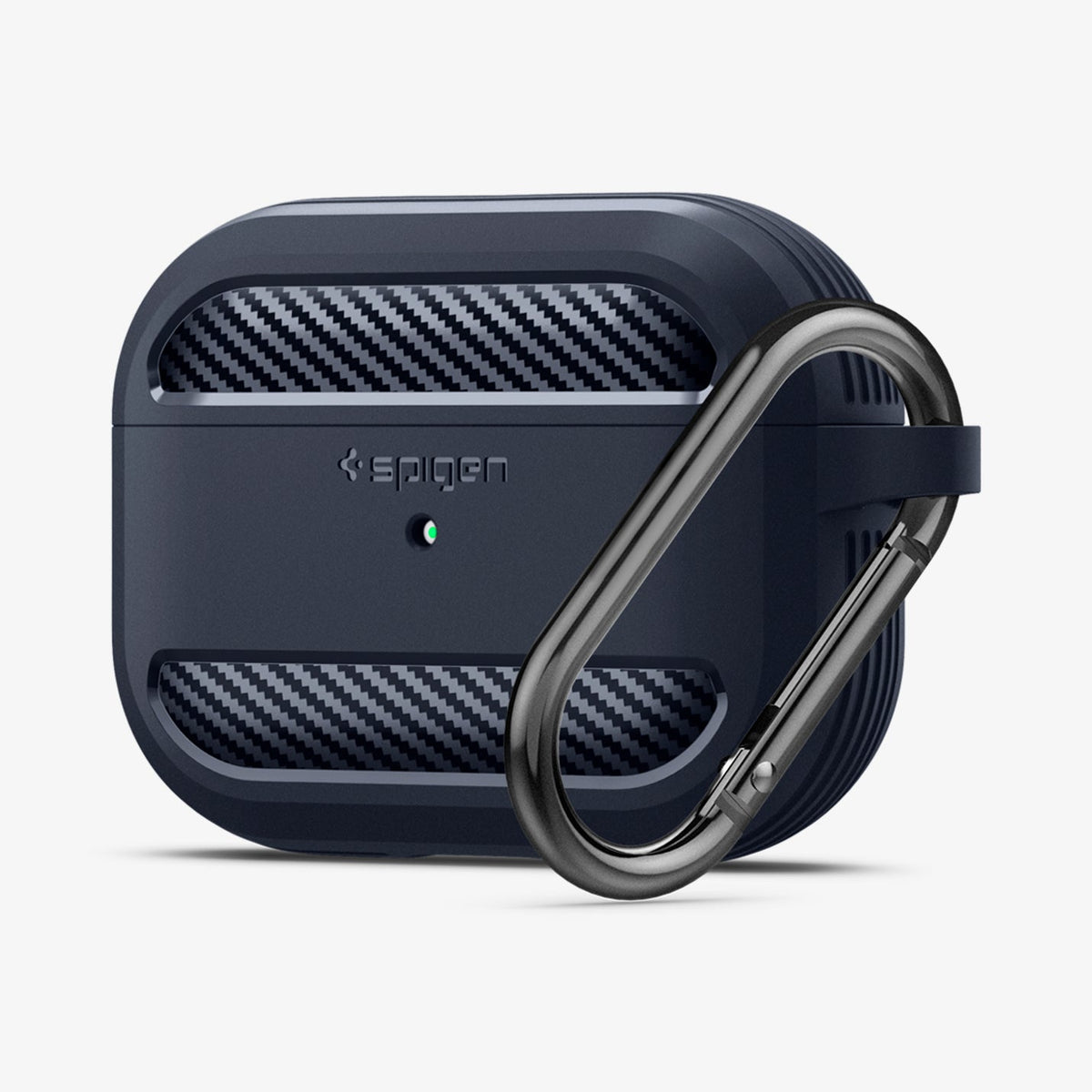 ASD01442 - AirPods Pro Rugged Armor in Charcoal Gray showing the front and partial side with carabiner attached