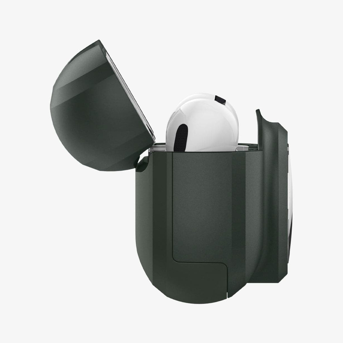 ACS04391 - Apple AirPods Pro Case Tag Armor Duo in military green showing the side with top open and AirPods inside
