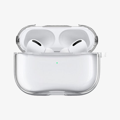ASD00541 - Apple AirPods Pro Case Ultra Hybrid in crystal clear showing the front with top open and AirPods inside