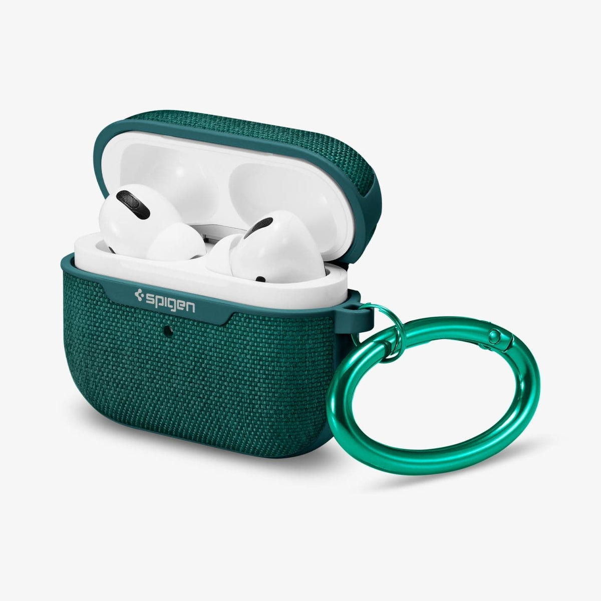 ASD00825 - Apple AirPods Pro Case Urban Fit in midnight green showing the front, side, carabiner and top open with AirPods inside