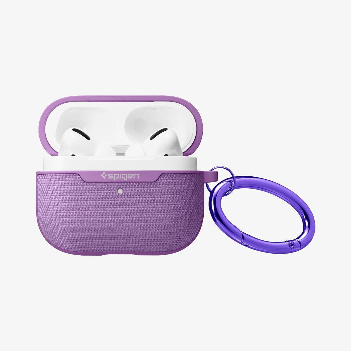 ASD00574 - Apple AirPods Pro Case Urban Fit in purple showing the front, carabiner and top open with AirPods inside