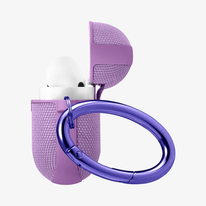 ASD00574 - Apple AirPods Pro Case Urban Fit in purple showing the side, carabiner and top open with AirPods inside