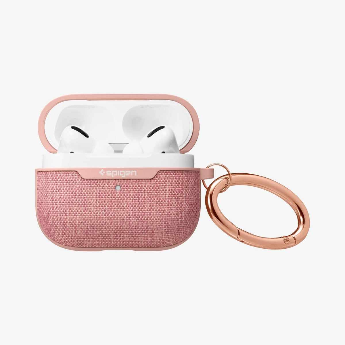 ASD00575 - Apple AirPods Pro Case Urban Fit in rose gold showing the front, carabiner and top open with AirPods inside