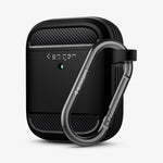 ASD01117 - Apple AirPods 1 / 2 Case Rugged Armor in matte black showing the front and side with carabiner