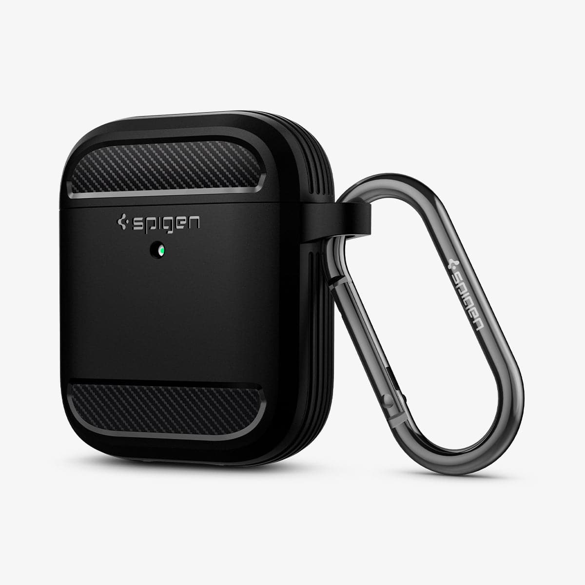 ASD01117 - Apple AirPods 1 / 2 Case Rugged Armor in matte black showing the front with carabiner