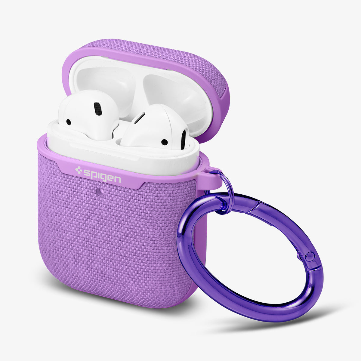 074CS27599 - Apple AirPods 1 / 2 Case Urban Fit in purple showing the front, side, carabiner and top open with AirPods inside