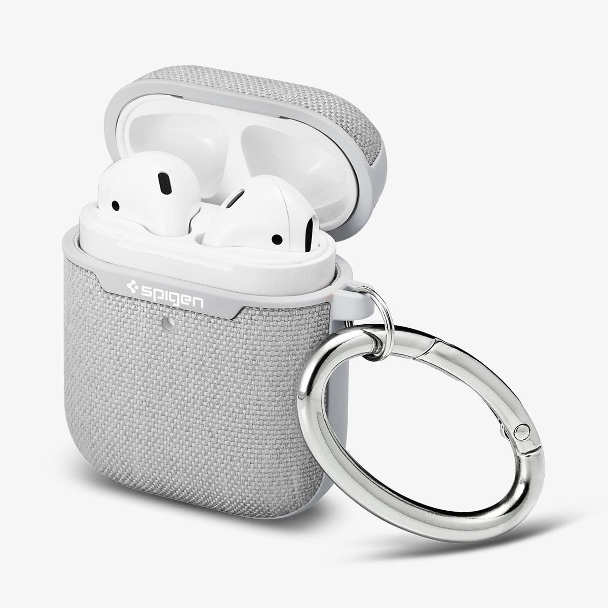 074CS27031 - Apple AirPods 1 / 2 Case Urban Fit in gray showing the front, side, carabiner and top open with AirPods inside