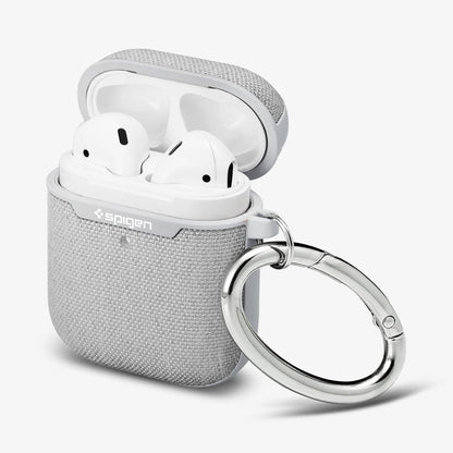 074CS27031 - Apple AirPods 1 / 2 Case Urban Fit in gray showing the front, side, carabiner and top open with AirPods inside