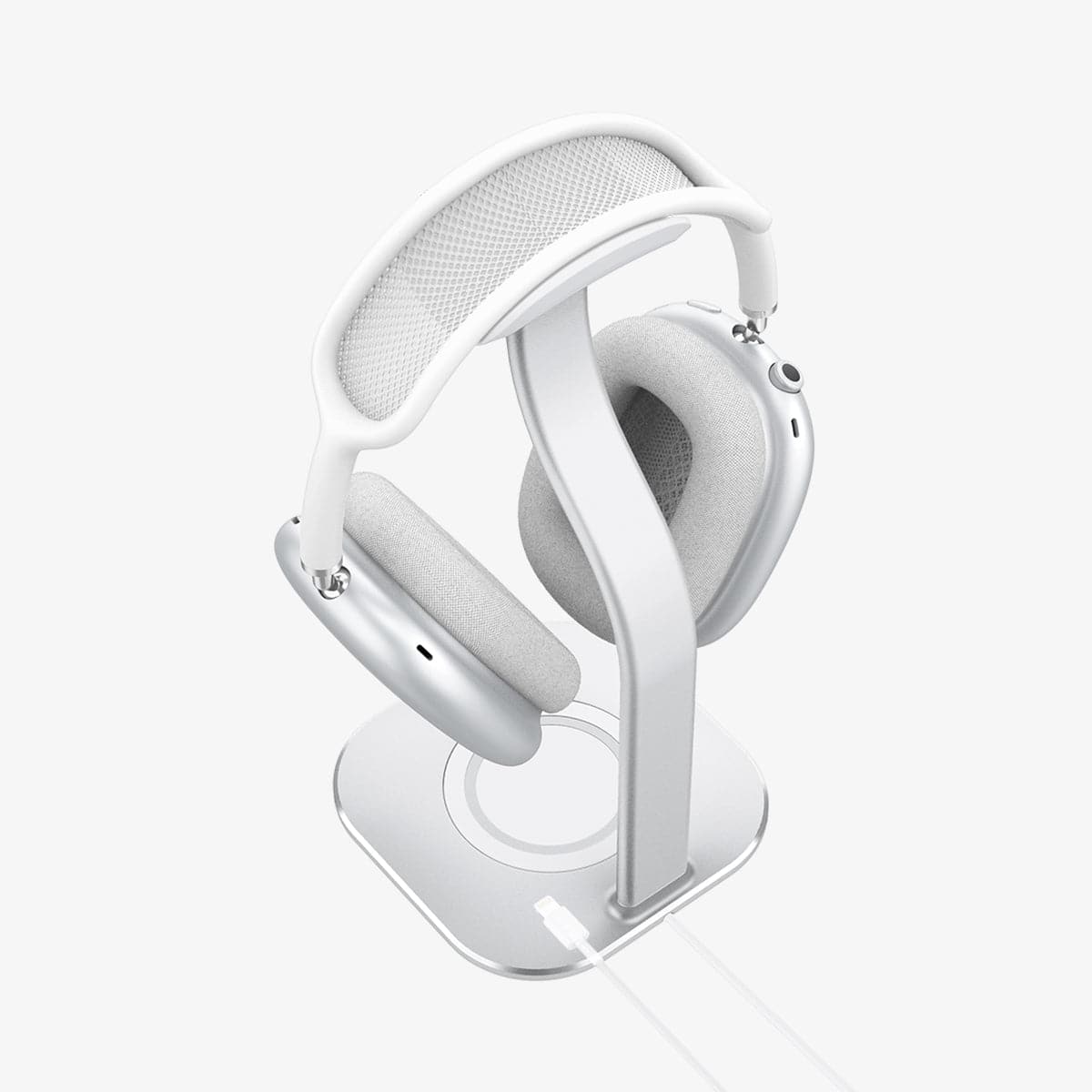 AMP02817 - Apple Airpods Max MagFit Stand in silver showing the top and back with AirPods Max on stand and charger cable connected