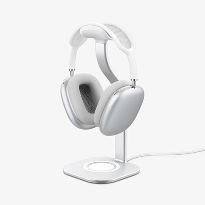 AMP02817 - Apple Airpods Max MagFit Stand in silver showing the front and partial side with cable connected