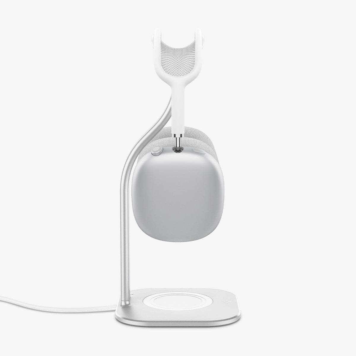 AMP02817 - Apple Airpods Max MagFit Stand in silver showing the side with AirPods Max on stand
