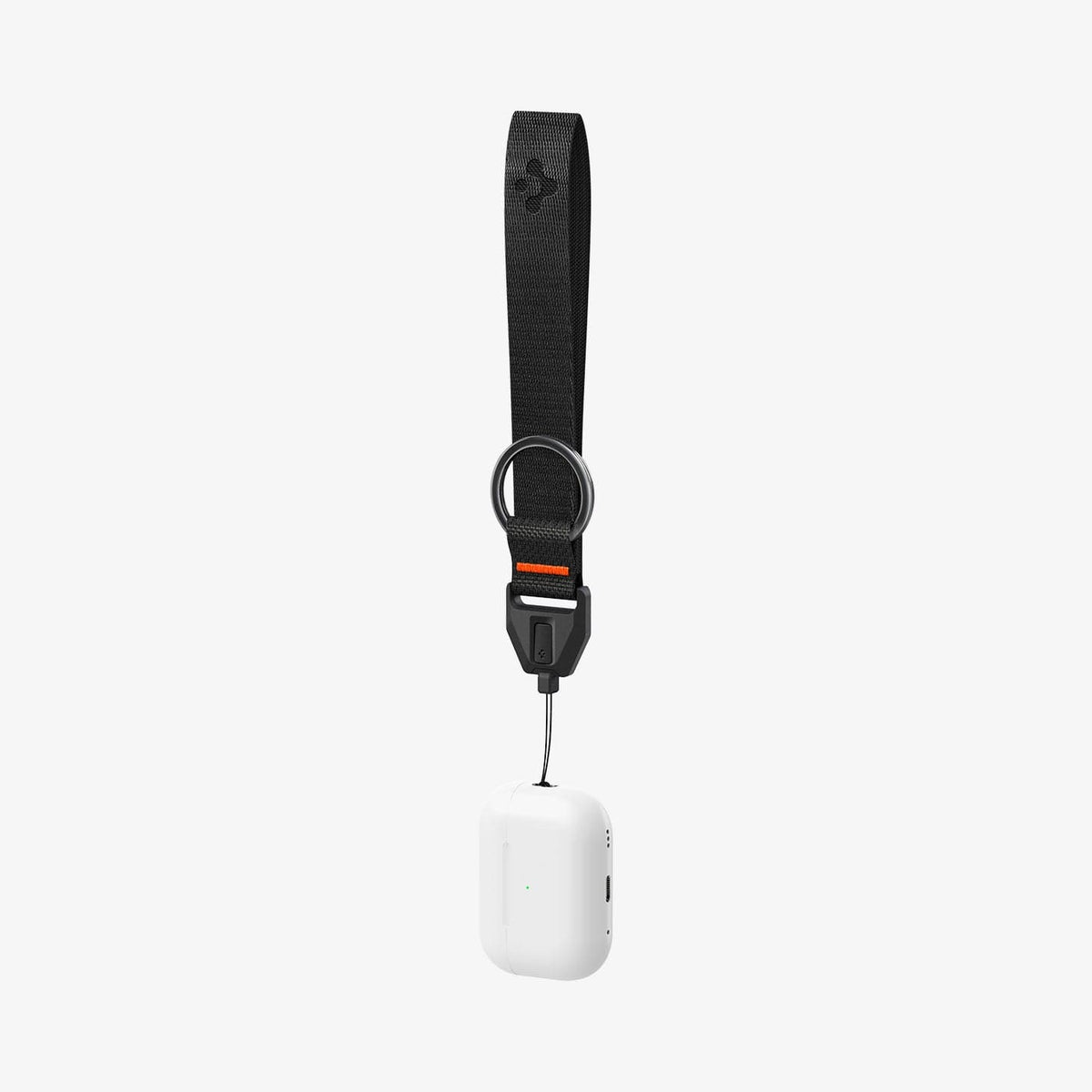 ASD05860 - AirPods Series Lanyard + Keychain in black showing the lanyard attached to AirPods