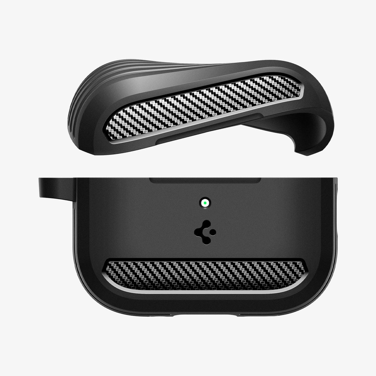 ACS09822 - AirPods Pro 3 Rugged Armor in Matte Black showing the top bending and hovering above the bottom of case