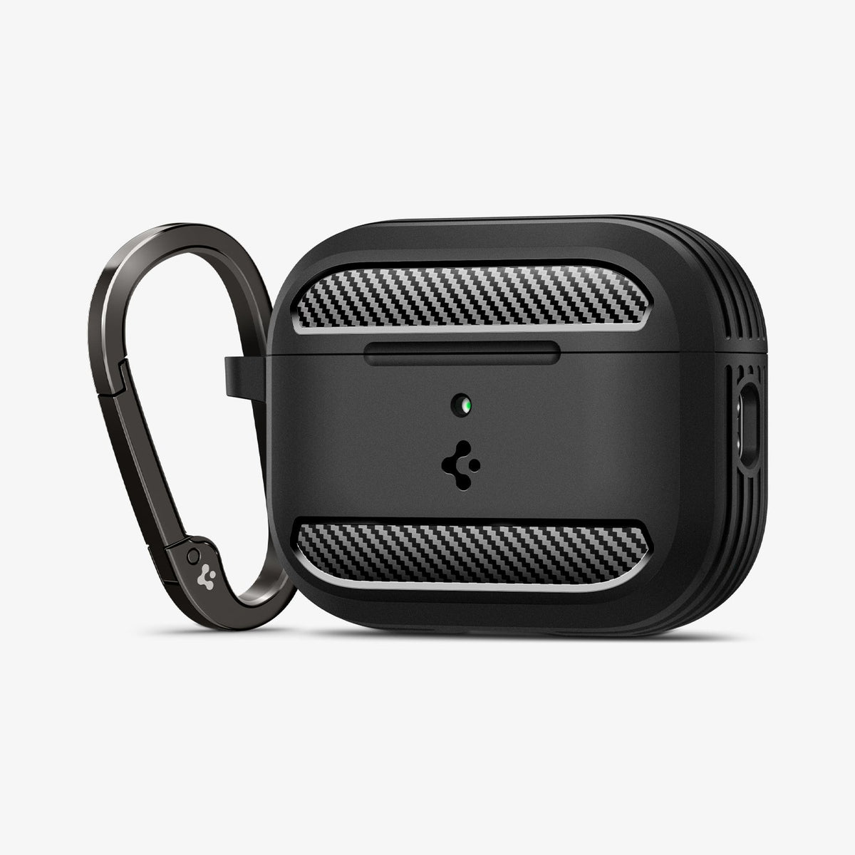 ACS09822 - AirPods Pro 3 Rugged Armor in Matte Black showing the front, partial side with carabiner