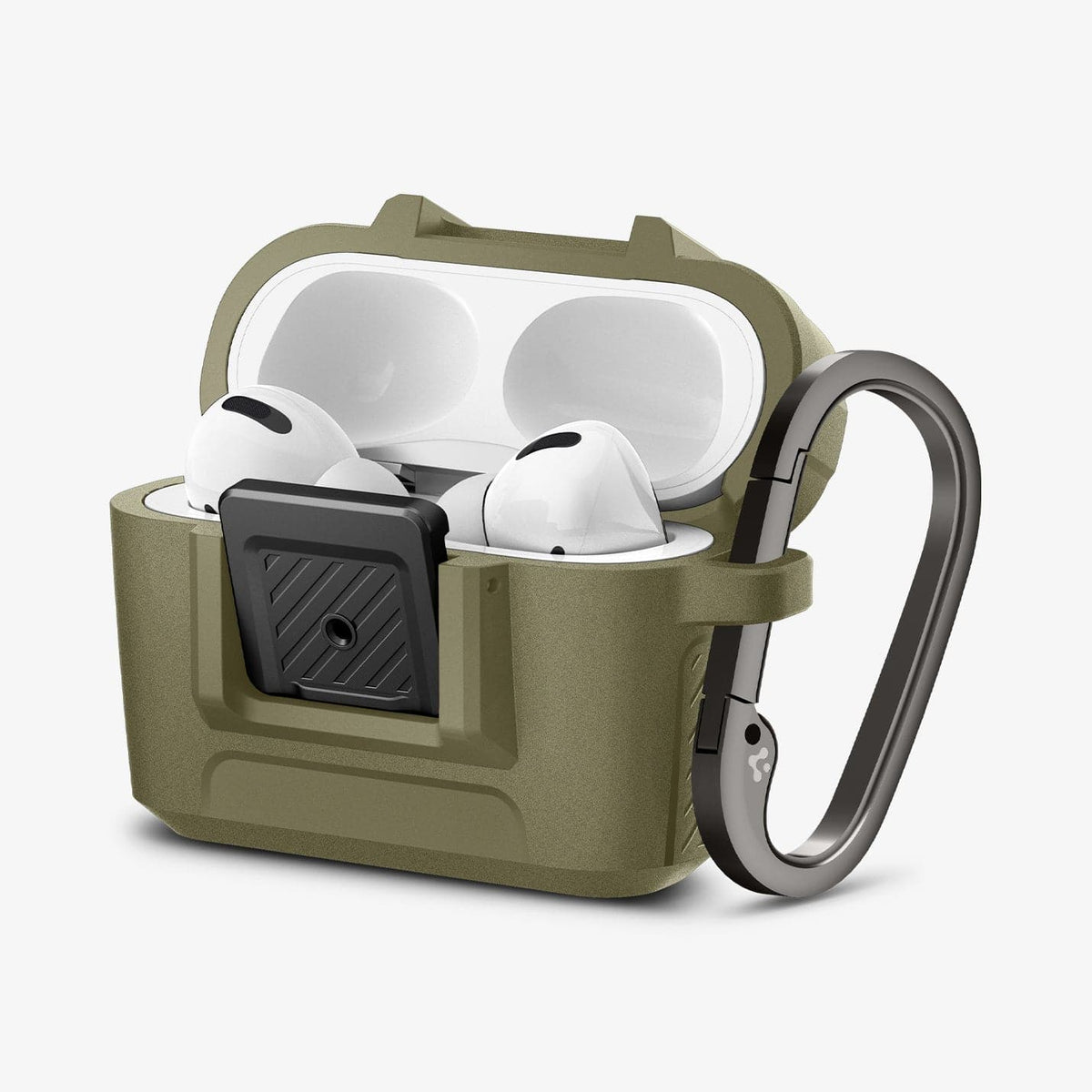 ACS05910 - Apple AirPods Pro Case Lock Fit in vintage khaki showing the front and side with top open and AirPods inside