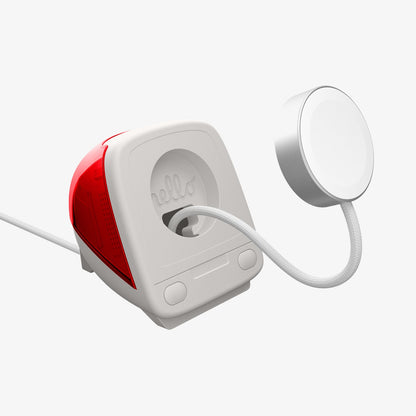 AMP09341 - Apple Watch Classic C1 Charger Stand in ruby showing case and front part of charging cable.