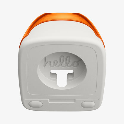 AMP09342 - Apple Watch Classic C1 Charger Stand in tangerine showing front with hello word inside.