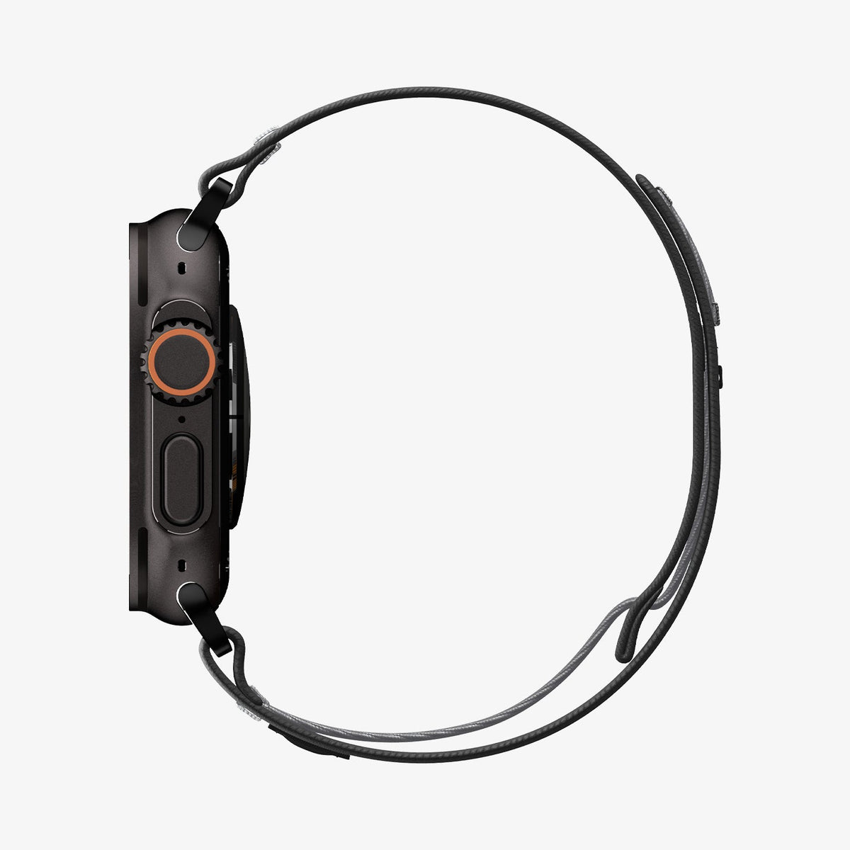 AMP11113 - Apple Watch Ultra Athlex Air 2 band black gray showing side profile view with slim braided cord loop design attached to Apple Watch Ultra highlighting lightweight minimalist strap structure