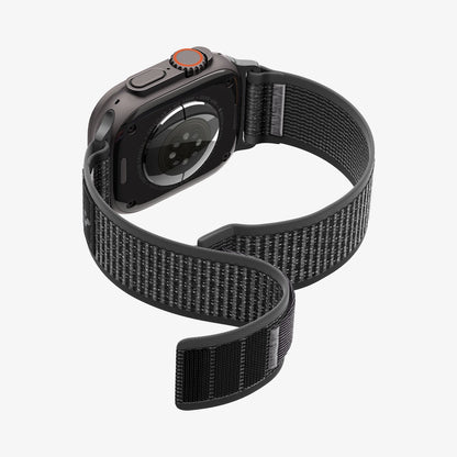 AMP11113 - Apple Watch Ultra Athlex Air 2 band black gray showing rear angled view with watch back sensors and textured woven strap partially unfastened