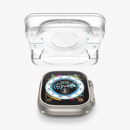 AGL05556 - Apple Watch Ultra Screen Protector EZ FIT Glas.tR showing the ez fit tray hovering above the apple watch face