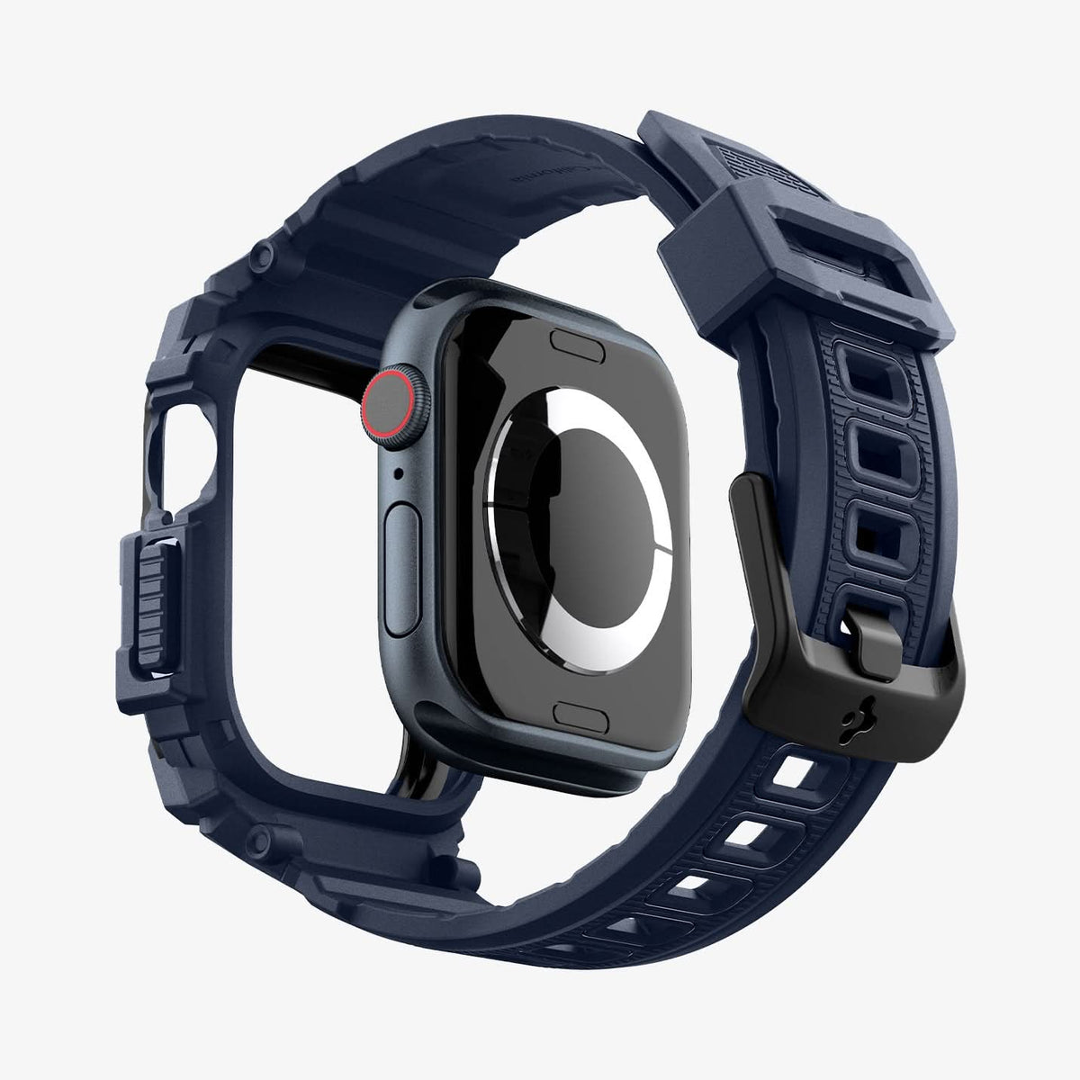 ACS08592 - Apple Watch 10 (42mm) Case Rugged Armor Pro in Navy Blue showing the back, detached from the case, hovering under the band, showing inner side and back