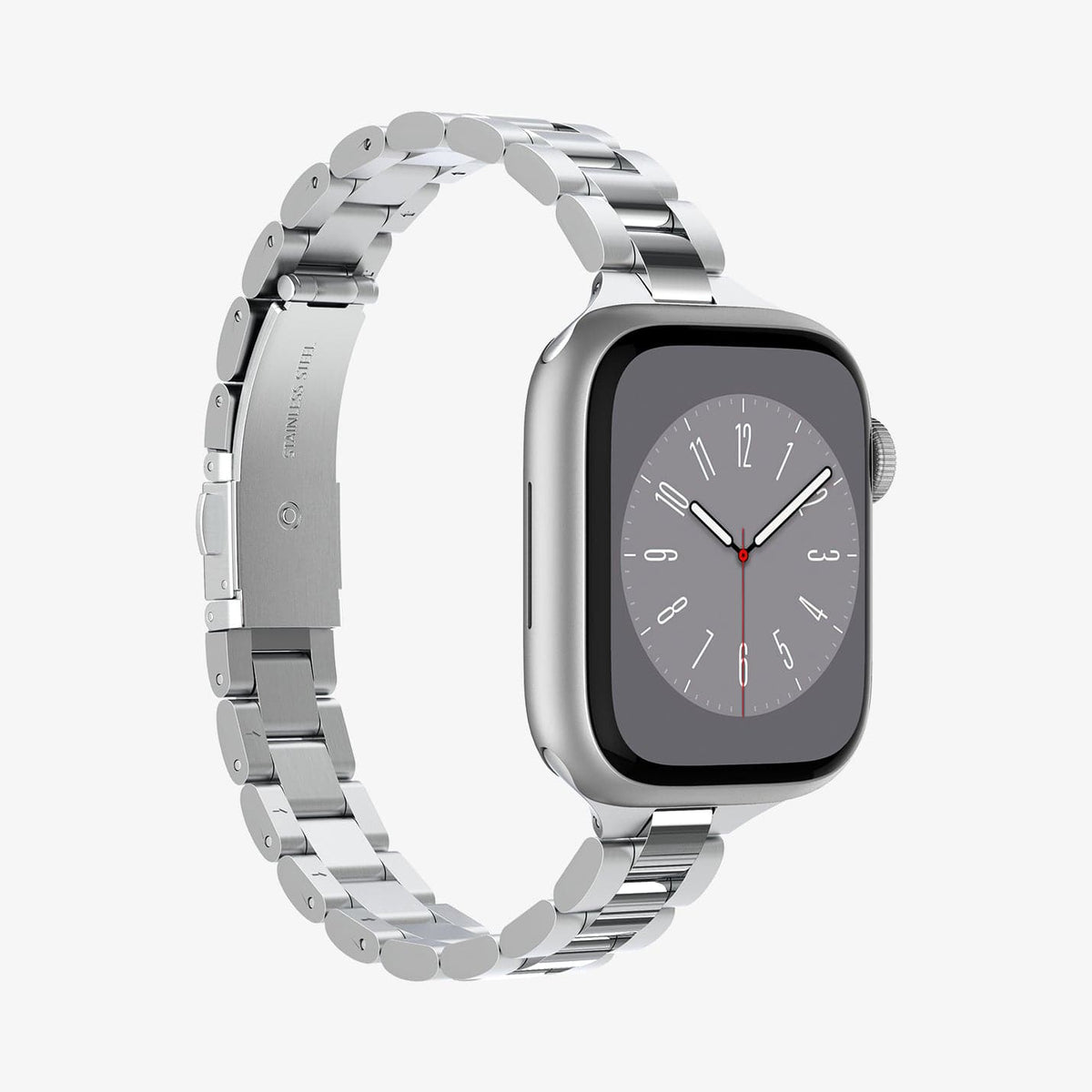 AMP06357 - Apple Watch (41mm) Modern Fit 316L Band in Silver showing the front, side and partial inner side of the watch strap
