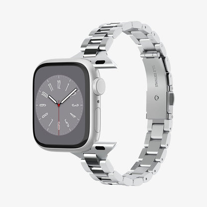 AMP06357 - Apple Watch (41mm) Modern Fit 316L Band in Silver showing the front head of the watch detached from the strap showing sides and partial inner side
